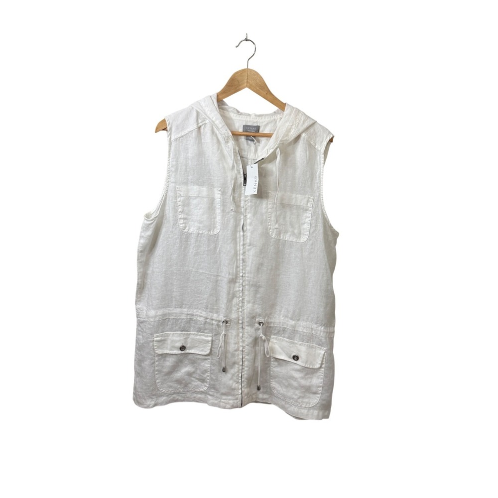Kenar Womens XL White 100% Linen Hooded Utility Vest Beach Resort Natural Fibers